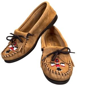 Minnetonka Moccasins Thunderbird Beaded Suede Leather Loafers Women Sz 9 Fringe